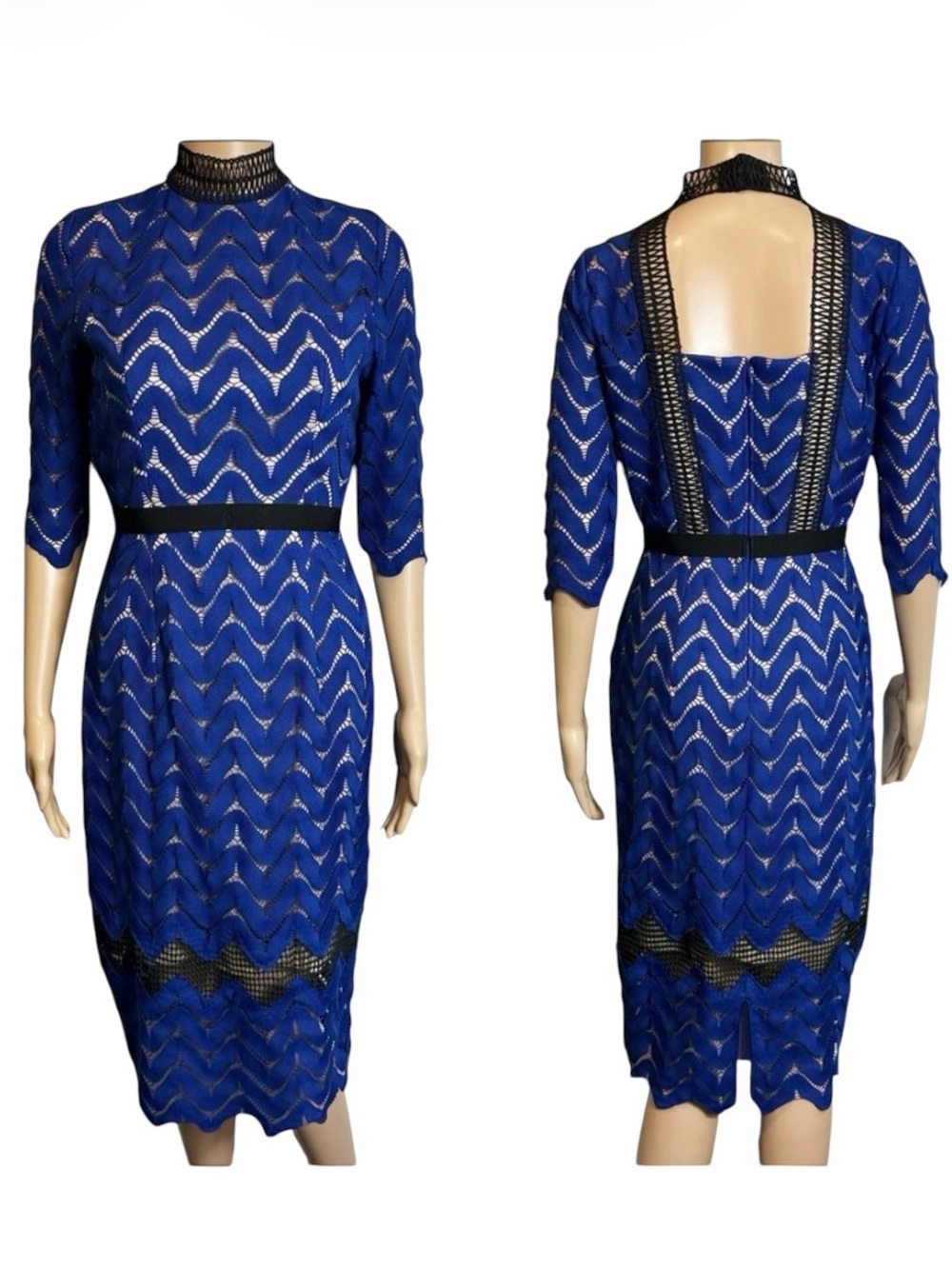 JAX Black Label Blue & Black Crochet Lace Midi Dress